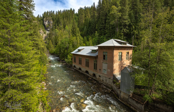 Old brick watermill surrounded by Fir and birch trees