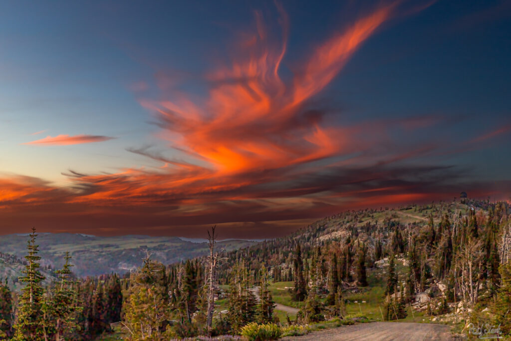 Idaho orange sunset clouds in flame shape